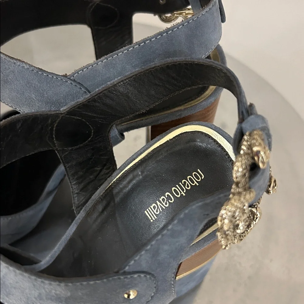 Roberto Cavalli Women's Blue Suede Block Heel Sandals - Picture 12 of 13